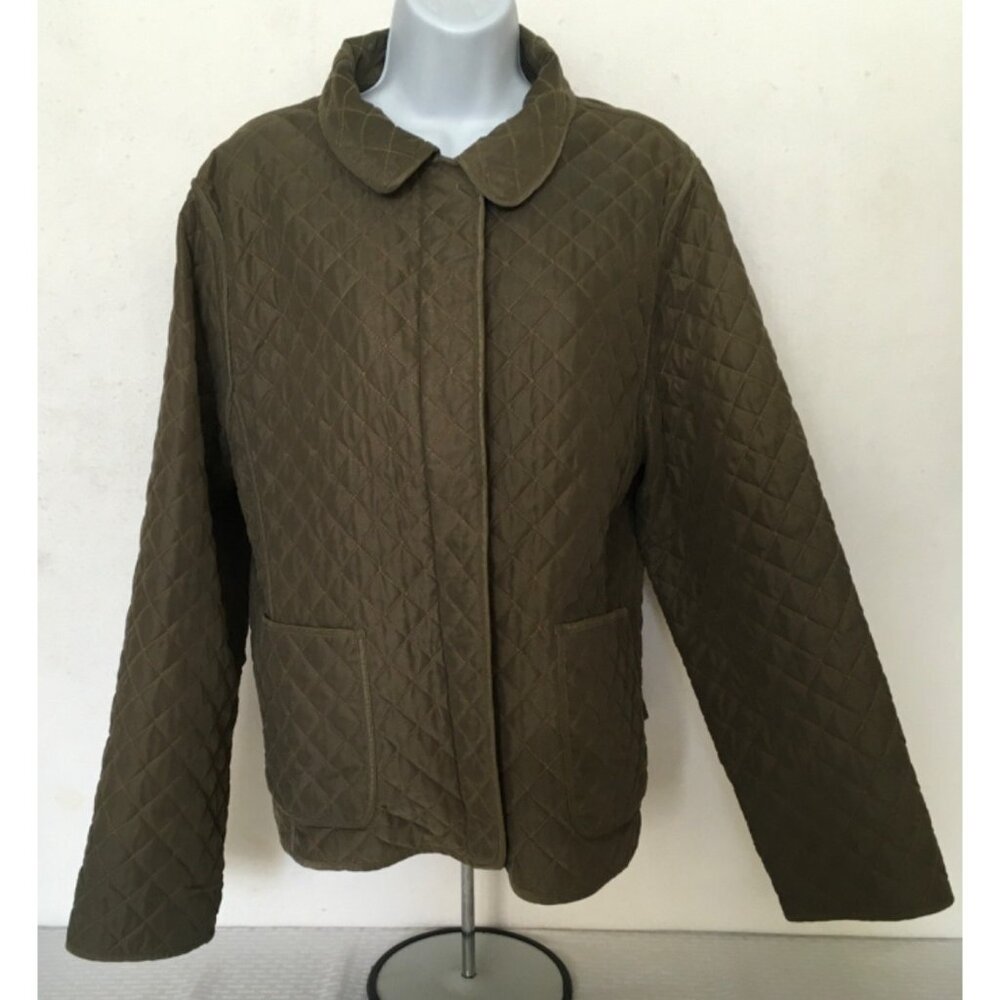 Van Heusen Jacket Women Size XL Olive Green Quilted Pockets Snap Zip Close